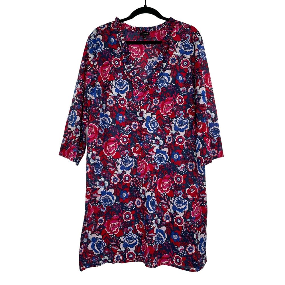 Talbot blue red floral semi-sheer dress swim cover size XL V-neck